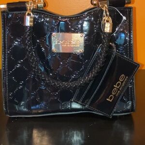 Bebe Black Mini Bag with Quilted Design and Metallic Accents